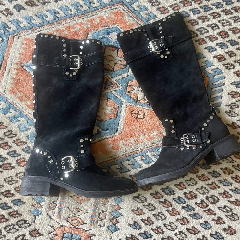 SAM EDELMAN Black Suede Studded Knee High Deryn Boot